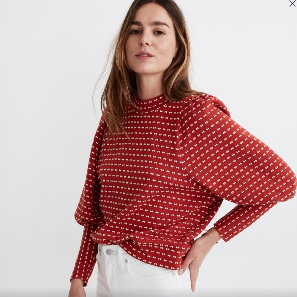 Puff Sleeve Mock Neck Top Jacquard